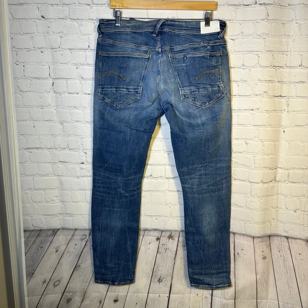 G-Star Raw 3301 Slim‎ Jeans Mens 35 Blue Medium Wash Distressed Denim Button Fly